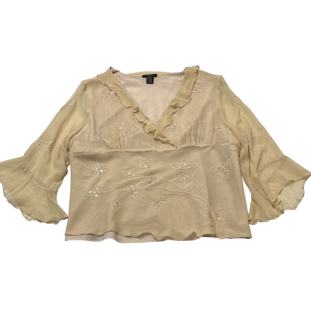 Silkland‎ Women Top Beige Silk Sheer Ruffle Embroidered Size 3X Beaded Sequin